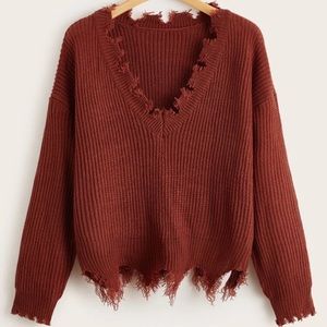 Solid frayed edge  ripped knit sweater